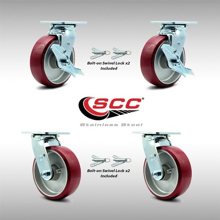 Service Caster 6 Inch SS Poly on Aluminum Caster Set with Roller Bearings 4 Swivel Lock 2 Brake SCC-SS30S620-PAR-TLB-BSL-2-BSL-2